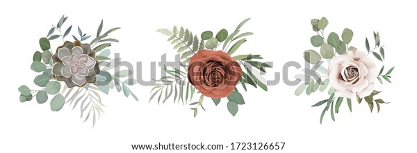 Ensemble Floral Avec Roses Cactus Verdure Image Vectorielle De Stock Libre De Droits