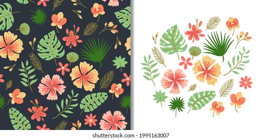 Floral set with seamless pattern and cute tropic flower elements, vector design. Tropical vector background with exotic flowers, palm leaves, jungle leaf. Botanical wallpaper illustration
