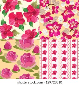 Floral set, seamless patterns, hand-drawing. Vector illustration.
