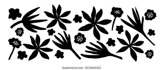 Floral set with silhouettes flowers chamomile and exotic leaf. Black and white hand drawn botanical background. Monochrome botanical wallpaper with simple plants