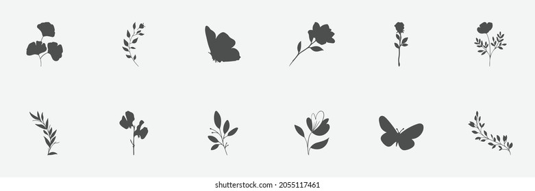 floral set of silhouettes of plants and flowers