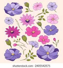 Floral Set. Sketch. Decorative floral elements for design. Flowers, buds, leaves.
