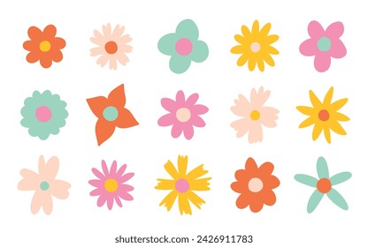 Floral set in the style of the 70s with groovy daisy flowers. Retro floral naive vector design. Style of the 60s, 70s, 80s