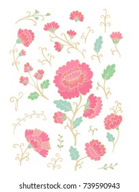 Floral set with vector branches and rose flowers on white background