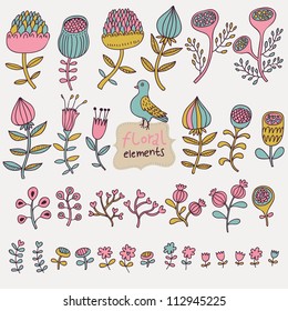 Conjunto floral en vector. Flores de dibujos animados en colores pastel para diseños agradables