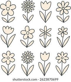 Conjunto floral. Vector plano ilustración minimalista de flores y hojas en estilo plano.