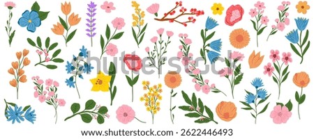Floral set. Vector flat minimalistic illustration of flowers and leaves in flat style. Retro vintage style, hand drawn decorative elements. 60s, 70s, flower icon, pastel colors, childish cute decor.