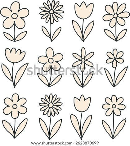 Floral set. Vector flat minimalistic illustration of flowers and leaves in flat style.