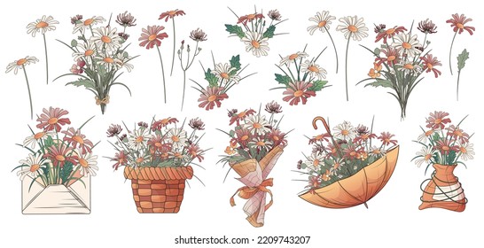 Floral set of vector illustration of daisy flowers, bouquets, flowers in umbrella, basket, envelope. Bouquet of wildflowers. Flower arrangement. For card design, flower shop decoration, banner, poster