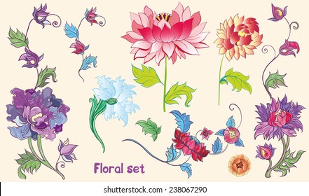 Floral set with vector lotuses, peonies. Isolated flowers. Asian theme. eps 10