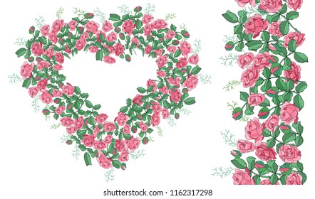 Floral set of vector pink roses in the heart shape and endless border isolated on white background.