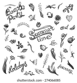 Floral set with watercolor flowers.
Invitations, flyers, banners or posters design. 
Aquarelle flowers and leaves collection for greeting and wedding Cards. 