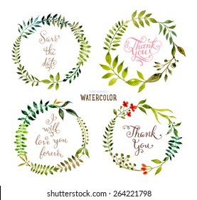 Floral Set with Watercolor Flowers for Summer or Spring Cards, Invitations, Flyers, Banners or Posters Design. Aquarelle Flowers, Wreath and Leaves Collection for Greeting and Wedding Cards.