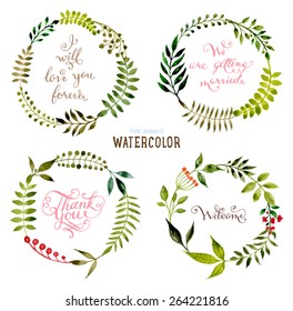 Floral Set with Watercolor Flowers for Summer or Spring Cards, Invitations, Flyers, Banners or Posters Design. Aquarelle Flowers, Wreath and Leaves Collection for Greeting and Wedding Cards.