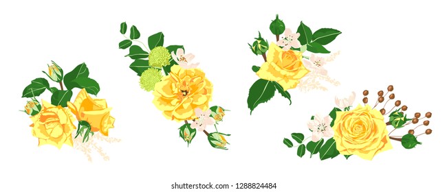 Floral Set, Wedding Rose Bouquet. Vector Yellow Flowers with Green Leaves. Vintage Floral Collection for Card or Invite Design. Hand Drawn Watercolor Decorative Elements. Romantic Spring Floral Set.