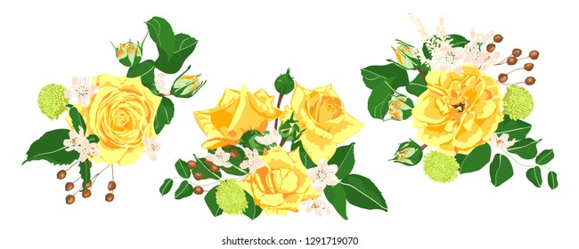 Floral Set, Wedding Rose Bouquet. Vector Yellow Flowers with Green Leaves. Vintage Floral Collection for Card or Invite Design. Hand Drawn Watercolor Decorative Elements. Romantic Spring Floral Set.