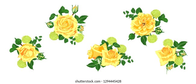 Floral Set, Wedding Rose Bouquet. Vector Yellow Flowers with Green Leaves. Vintage Floral Collection for Card or Invite Design. Hand Drawn Watercolor Decorative Elements. Romantic Spring Floral Set.
