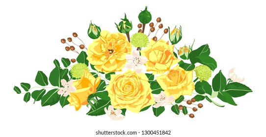 Floral Set, Wedding Rose Bouquet. Vector Yellow Flowers with Green Leaves. Vintage Floral Collection for Card or Invite Design. Hand Drawn Watercolor Decorative Elements. Romantic Spring Floral Set.