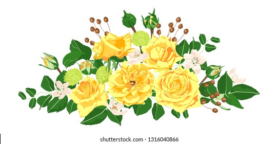 Floral Set, Wedding Rose Bouquet. Vector Yellow Flowers with Green Leaves. Vintage Floral Collection for Card or Invite Design. Hand Drawn Watercolor Decorative Elements. Romantic Spring Floral Set.