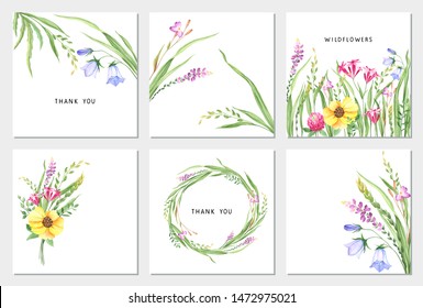 Floral set with wildflowers, cards, frames and template for your design. Vector collection illustrations with flowers, bells and grass in watercolor style. 