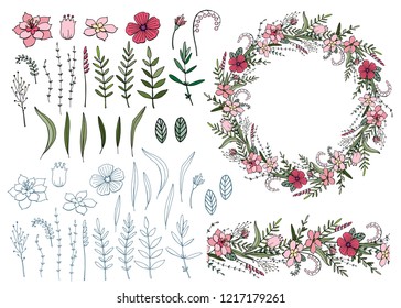 Floral set with wreath, endless brush and isolated odjects