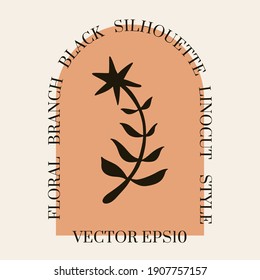 Floral shape composition. Minimal hand drawn folk style. Vector doodle texture with   flower branch. Good for cosmetics, beauty, tattoo, Spa, social media. Black on white