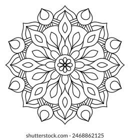 floral shape indian mandala design for coloring book, tattoo design, soothing mandala art
