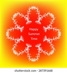 Floral shape on bright background. Decorative card with lettering "Happy Summer Time". Vector illustration. 