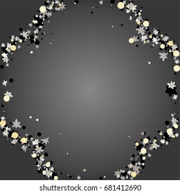 Floral shape silver frame or border of random scatter silvery dots and flowers on grey background. Floral silver confetti border. Design element for festive banner, greeting card, wedding invitation