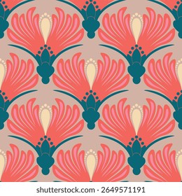 Floral shapes and ogee geometrical motifs background. abstract repeat wallpaper.Seamless pattern anthemion damask wallpaper illustration.floral pattern in deep pastel color.Digital art deco pattern.