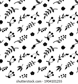 Floral shapes seamless pattern. Minimal hand drawn folk style. Vector doodle texture with   flower branches. Good for cosmetics, beauty, tattoo, Spa, social media. Black on white