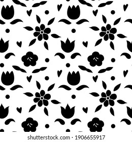 Las formas florales son un patrón sin fisuras. Estilo folclórico mínimo dibujado a mano. Textura de doodle vectorial con   ramas de flores. Bien por cosméticos, belleza, tatuajes, Spa, medios sociales. Negro sobre blanco