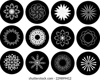 Floral shapes and snowflakes in circles. Vector set. 