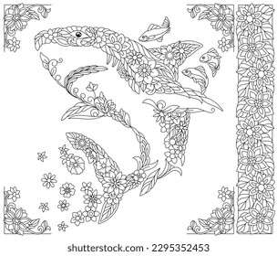 Floral shark. Adult coloring book page with fantasy animal and flower elements