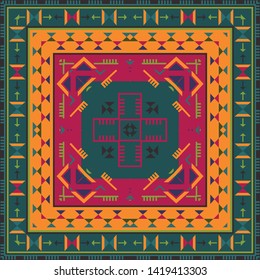 Floral shawl design. Square ornament with decorative flowers and paisley. Indian batik. Stylized flowers and paisley. Indonesian batik. Design for home decor, shawl, blanket, carpet, handkerchief