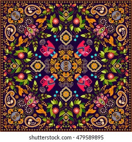 Floral shawl design. Square ornament with decorative flowers and paisley. Indian batik. Stylized flowers and paisley. Indonesian batik. Design for home decor, shawl, blanket, carpet, handkerchief