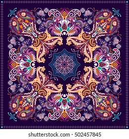 Floral shawl design. Square ornament with decorative flowers and paisley. Indian batik. Stylized flowers and paisley. Indonesian batik. Design for home decor, shawl, blanket, carpet, handkerchief