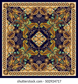 Design de xale floral. Ornamento quadrado com flores decorativas e paisley. Batik indiano. Flores estilizadas e paisley. Batik indonésio. Design para decoração de casa, xale, cobertor, tapete, lenço