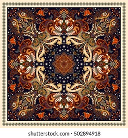 Floral shawl template. Square ornament with decorative flowers and paisley. Indian batik. Stylized flowers and paisley. Indonesian batik. Design for home decor, shawl, blanket, carpet, handkerchief