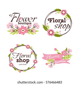 Floral shop badge decorative frame template vector illustration.