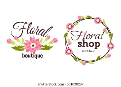 Floral shop badge decorative frame template vector illustration.