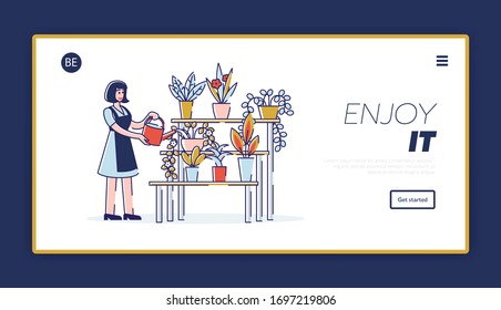 Floral Shop Concept. Website Landing Page. Girl Takes Care Of Flowers At Florist. Woman In Apron Watering Flowers In Pots With Watering Can. Web Page Cartoon Linear Outline Flat Vector Illustration