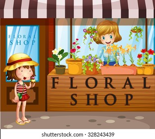 Floral shop with seller and customer illustration