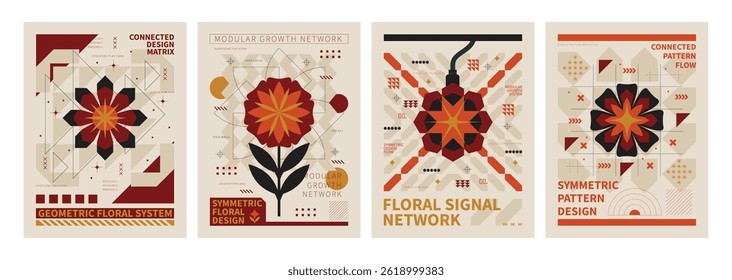 Floral Signal Network Poster Set: Geometric floral patterns in a set of four bold poster designs with a warm color palette of red, yellow, and black, evoking a modern and dynamic aesthetic.