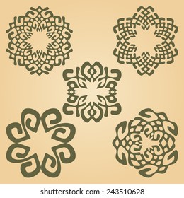 Floral signs and design elements in colorful set on beige grunge background. Geometric patterns. Vector illustration. Could be used for textile, pillows, web-design, decoration, etc. 