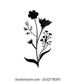 "Floral Silhouette Composition – Wildflower Bouquet in Monochrome"