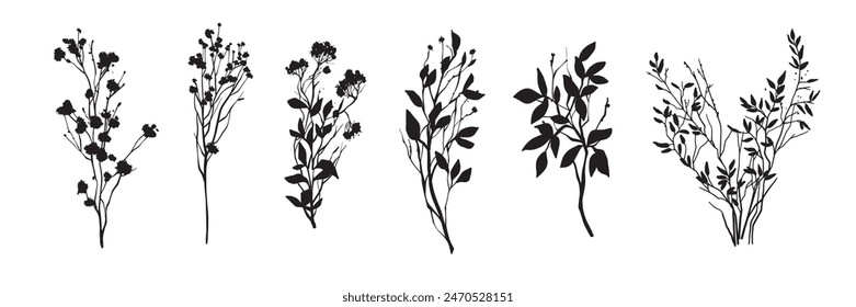 Blumensilhouetten-Icon-Set, Vektorgrafik-Blume-Schwarz-Print, Hochzeitseinladung botanisches Minimaldesign. Frühling Natur Pflanze Illustration, wilde Kräuter Baumzweige, Büsche, Wiese Gras. Blumensilhouette