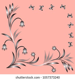 Floral silhouette on color background. Abstract template with flowers, leaves and butterflies. Vector illustration.