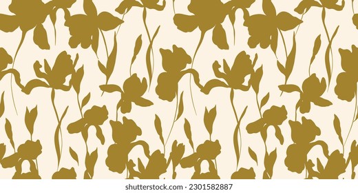 Floral Silhouette Pattern. Modern Iris Flower Seamless Pattern in Gold Color.	