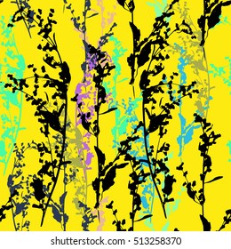 Floral silhouette repeating pattern isolated on a yellow background. Colorful plant and leaves of grass wormwood, sagebrush
